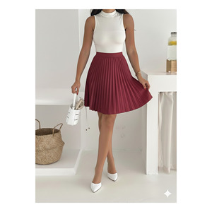 Mini-jupe plissée blanche pour femme, taille élastique, tissu satiné, style robe à col haut - Product Image 4