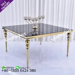 Luxury Design Hotel Party Furniture Black Gold Glass Top Stainless Steel Rectangular Wedding Square Table