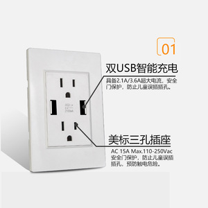Us Standard Wall <b>Socket</b> <b>With</b> 2 <b>Usb</b> A Ports 2.1A Fast Charging 15A Ac Outlet Plastic Material Standard Grounding - Product Image 1