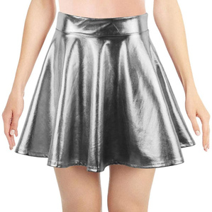 <span class=keywords><strong>Mini</strong></span>-jupes courtes de patinage taille haute en latex liquide métallisé brillant pour femmes - Product Image 2