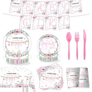 Decoraciones Rosas para Baby Shower, Artículos para Fiesta <span class=keywords><strong>de</strong></span> Baby Shower para Niñas, Platos Desechables, Servilletas, Cucharas, Vasos, Juego <span class=keywords><strong>de</strong></span> Vajilla para 10 Personas - Product Image 3