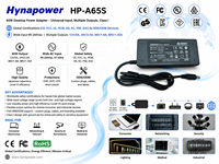 Adaptor Daya Desktop OEM/ODM 65W Input 90-264Vac Output 12/24/36/48Vdc Kelas I CE FCC Level VI untuk Lampu LED Hynapower HP-A65S
