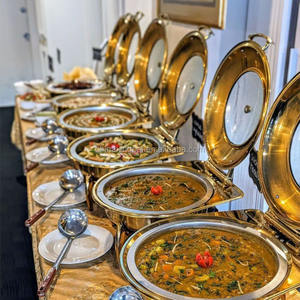 Peralatan Katering XINGPAI, Pemanas Makanan Buffet Bulat Mewah dari Baja Anti Karat dengan Wadah Emas dan Tutup Kaca - Product Image 1