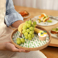 Rieten dienblad met parelmoer inleg, modern luxe dienblad voor keuken en badkamer, geschikt voor koffie/brood/fruit, draagbaar