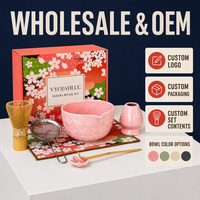 Ensemble de thé matcha Sakura personnalisable de 8 pièces, bol en céramique, fouet, cuillère, passoire, boîte cadeau pour cérémonie du thé