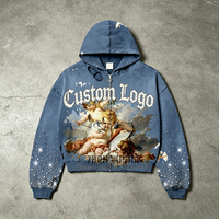 Sweat à capuche personnalisé avec impression artistique de chérubin, veste zippée avec strass, effet délavé vintage, sweat à capuche en molleton pour homme, streetwear, effet usé et déchiré
