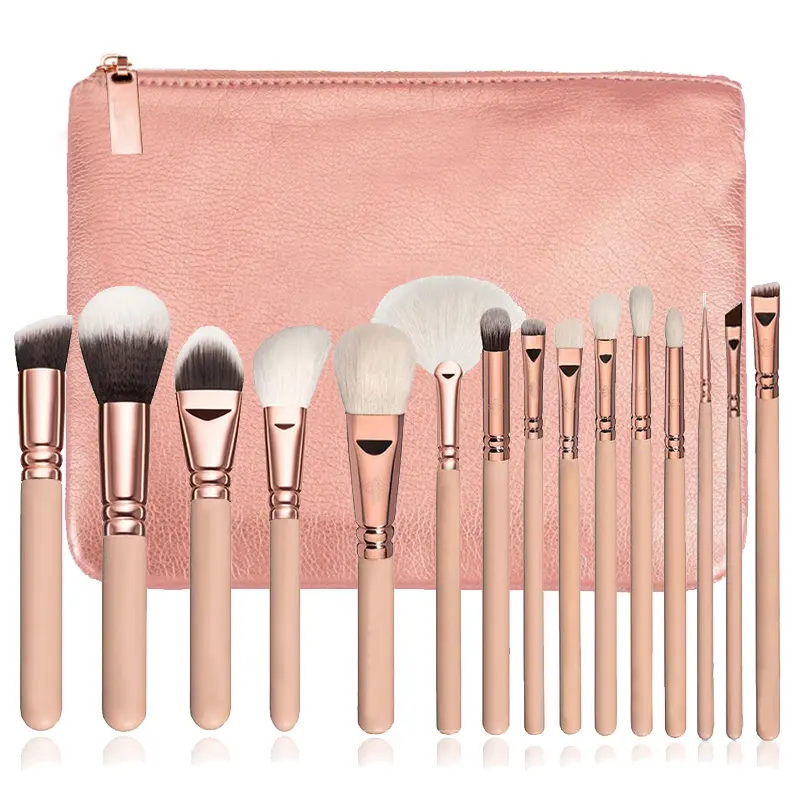 wholesale high quality new professional 15 pcs private label makeup brush rose gold makeup brush set with bag pouch