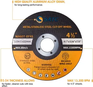 SATC100 पैक कट बंद पहियों 4-1/2 "धातु स्टेनलेस स्टील कोण बनाने की मशीन काटने डिस्क