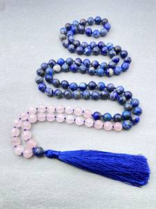 Collier de prière Mala noué en quartz rose et lapis-lazuli, 108 perles, avec pompon, pour la méditation Japa, la prière et le chant de mantras - Product Image 2
