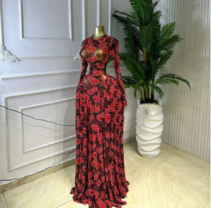 European women's fashion 2026 spring new style elegant pleated figure-hugging printed full-skirted long dress - Product Image 2