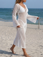 Direct van de fabriek: Sexy mesh gebreide strandjurk, uitgehold, diepe V-hals, bodycon, lange mouwen, resort cover-up