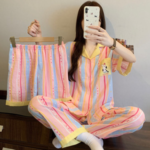 Conjunto de Pijamas Lijia Sweet Girl em Algodão Nuvem Respirável, Roupa de Três Peças com Manga Curta, Pijamas Listrados para Mulheres - Product Image 4