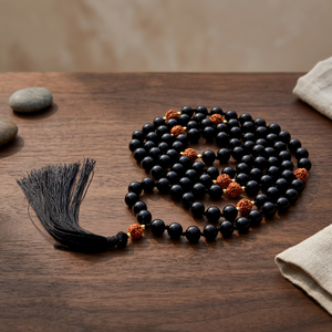 Collar Mala de 108 cuentas de Ónix Negro y Rudraksha de 6mm, con borla anudada a mano, cuentas de oración para Yoga y Meditación, Venta al por mayor, India - Product Image 6