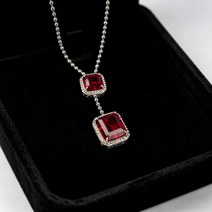 S925 Sterling Silver Lab-Created <b>Ruby</b> Pendant <b>Necklace</b>, Cushion Cut, 12×14 & 10×10 Stones, Rhodium Plated, Item No. ZHF-P1411R V - Product Image 3