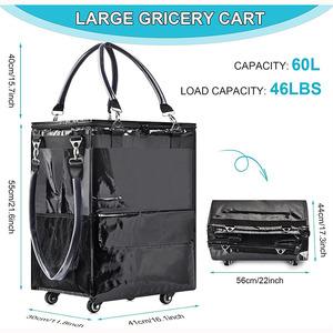 Sac d'épicerie réutilisable sur roulettes avec poteau de soutien Grand sac fourre-tout roulant Sacs à provisions étanches avec couvercle à glissière - Product Image 2