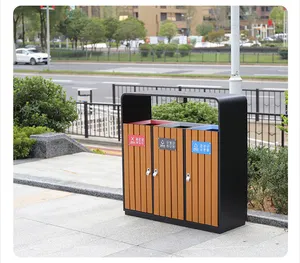 Galvanized Steel Outdoor Bins With 3 Compartment Garden Dust Bin Outdoor Commercial Trash Cans With Plastic Wood For Public Area