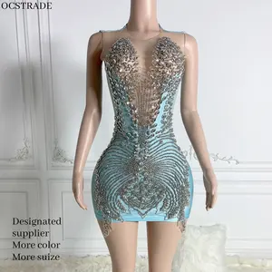 Ocstrade Luxury Light Blue Club Dress con fiore strass corpetto Applique abiti da festa donna sera eleganza azzurro