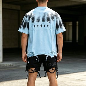 T-shirt en coton surdimensionné pour homme, manches courtes, col rond, ourlet effiloché, style streetwear, vêtements décontractés pour homme - Product Image 4