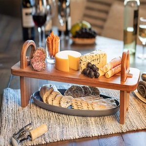 Cross-border portable double-layer wooden <b>tray</b>, home use, simple wooden <b>dinner</b> plate, wooden ornament, light luxury dessert - Product Image 1