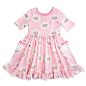 精品图案粉色儿童碎花连衣裙时尚新款设计女婴蕾丝褶边休闲连衣裙