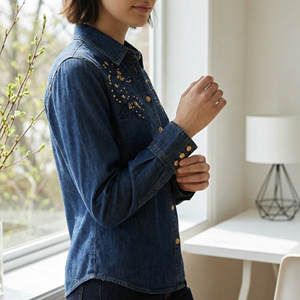 <span class=keywords><strong>Camicia</strong></span> in Denim Vintage Stile Western 2026 con Ricami Floreali, Maniche Lunghe e Bottoni Dorati per <span class=keywords><strong>Donna</strong></span> - Product Image 3
