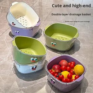 Double Layer Drain <b>Basket</b> Cute Household Fruit Plate and Water Washing Filter Two-in-One Thickened <b>Plastic</b> <b>Basket</b> - Product Image 2