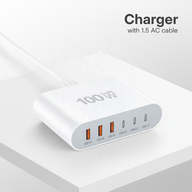 HNT 100W PD 6-ports Fast Charger with 1.5m AC Cable 100W Multiport Charger Station for iphone Laptop with CE FCC Certification