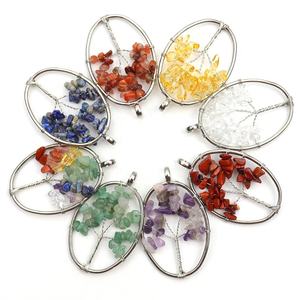 ホット販売ファッションジェムストーンペンダント、ライフツリーオーバルドロップダングルペンダントネックレス、手作りワイヤーラップチップビーズジュエリー - Product Image 4