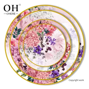 New design pink floral pattern bone china 10.5inch dinner plates with gold rim 4pcs tableware sets for wedding party event decor
