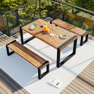 3-Piece Modern Outdoor Dining <b>Set</b> Acacia Wood <b>Table</b> with 2 <b>Benches</b> Steel Frame for Home & Hotel Use - Product Image 2