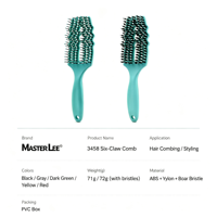 Brosse à cheveux Masterlee de haute qualité, best-seller, avec manche en plastique ABS, six rangées de dents en nylon doux mat et poils de sanglier pour massage du cuir chevelu