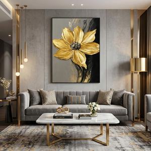 Peinture noire Golden Bloom, toile minimaliste faite à la main, œuvre d'art pour hôtel, décoration murale texturée pour la maison, décoration commerciale - Product Image 1
