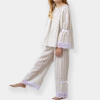 Pigiama in Cotone Personalizzato per Ragazze, Set Due Pezzi, 12 Anni, Maniche Lunghe, Primavera-Estate, Motivi Floreali e a Righe, Pizzo, Abbigliamento da Notte e per Casa