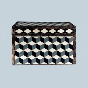 Rectangular Wood & Resin Storage Box With Black White Geometric Inlay Classic Design For Living Room Jewelry Organization - Product Image 1