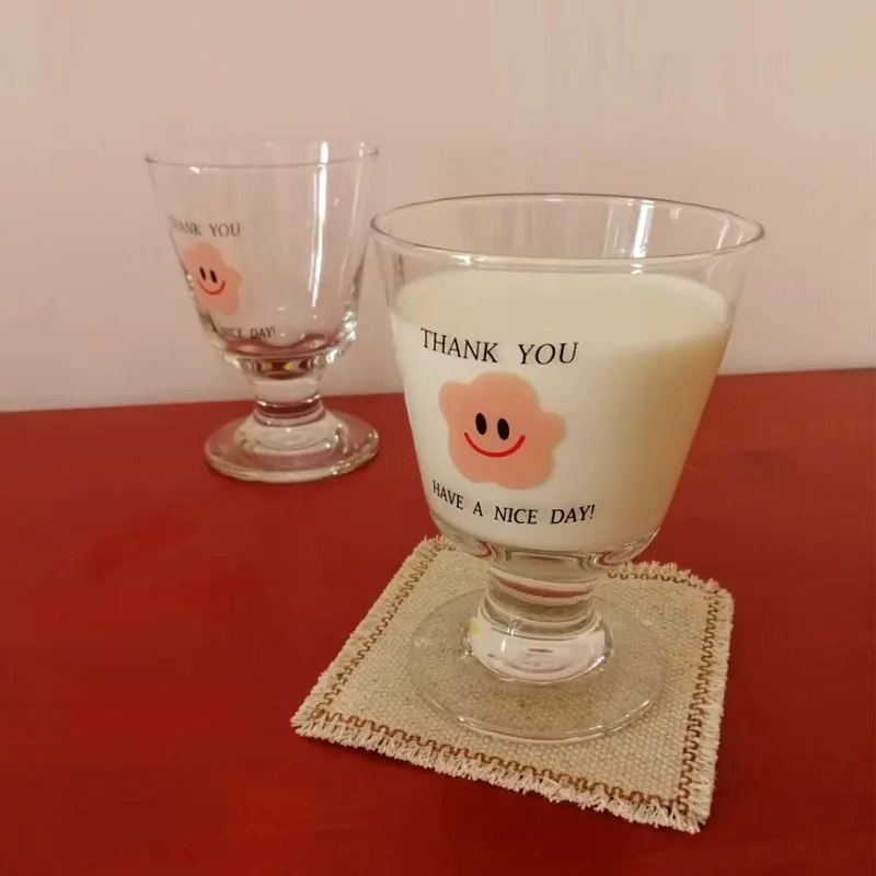 Japanese style Clear goblet glass coffee cup for milk cute flower pattern handmade juice cup