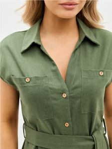 Olive Màu Xanh Lá Cây Rắn Linen Bông Không Tay Áo Sơ Mi Ăn Mặc Cho Phụ Nữ Nút Phía Trước Tự Nhiên Eo Phù Hợp Với Vành Đai Giữa Chiều Dài Mặc Giản Dị - Product Image 4