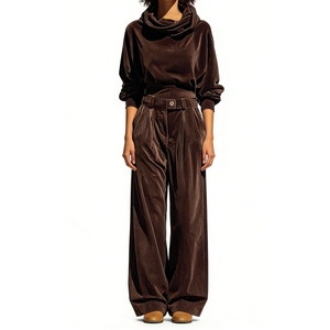 Women's Velvet 2 Piece <b>Set</b> - Cowl Neck Long Sleeve Top & High Waist Pleated Balloon Pants Outfit Womens Clothes Fashion - Product Image 1