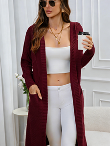 Cárdigan largo con capucha para mujer, color burdeos, de punto, con bolsillos, corte holgado, de secado rápido, para otoño - Product Image 1