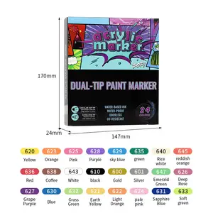 24 Color Dual Tip Brush Tip Fine Tip Fade Resistant Art Acrylic Paint Markers For Multi-Surface Use Rock Canvas Glass Wood
