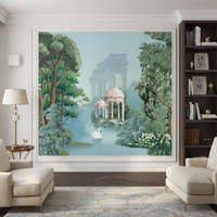 Papier peint mural auto-adhésif imperméable, décoration murale moderne pour la maison, paysage de jardins moghols, cygnes, forêt, lac