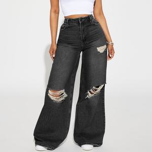 Pantalones Vaqueros de Mujer Estilo Retro en Oferta, Personalización OEM, Pantalones Cargo de Pierna Ancha, Transpirables, Desgastados, de Cintura Alta - Product Image 1