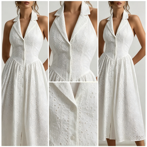 Robe chemise blanche sans manches à encolure croisée pour <span class=keywords><strong>femme</strong></span> |   Robe élégante à col en V, boutonnée, taille naturelle, longueur midi, décontractée, pour soirée, personnalisable OEM/ODM - Product Image 2