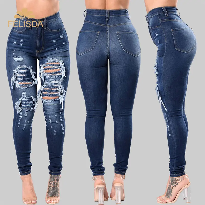 Merk Designer Vrouwen Jeans Mode Hip Hop Gebroken Gaten Denim Jeans Hoge Taille Geript Potlood Broek Jeans