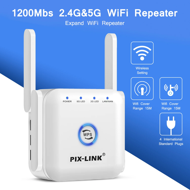 Wireless 5G 2.4Ghz Dual Band WiFi Repeater Extender 1200Mbps Wi-Fi Amplifier 802.11N Long Range AP Signal Booster
