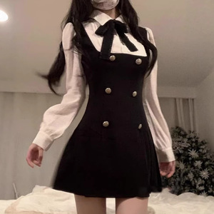 Chubby Korean Fashion Women's Elegant Casual Wear <strong>Black</strong> <strong>Pinafore</strong> <strong>Dress</strong> White Long Sleeve Button Sweet <strong>Dress</strong> - Product Image 3
