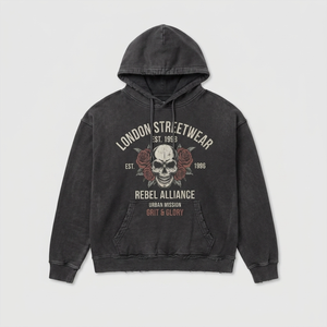 Mens Washed Black Distressed Hoodie <strong>London</strong> Streetwear Skull Rose Print Custom OEM Punk <strong>Sweatshirt</strong> - Product Image 1