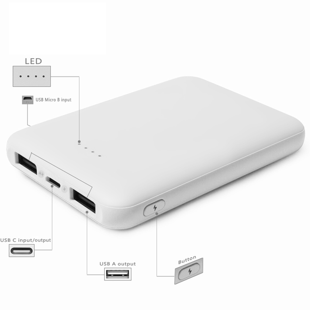 Credit Card Flat Ultra Slim 5V 2A Universal Portable Power Bank 5000mAh USB Micro Type C 4 Ports Thin Power Bank