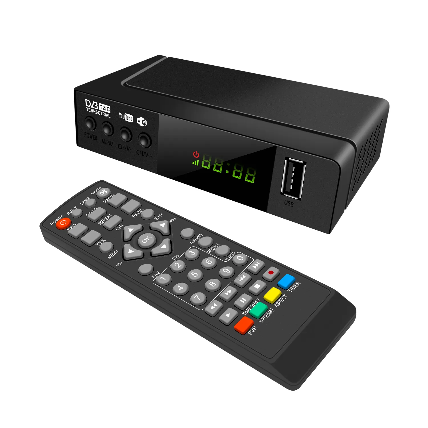 VHF 174 ~ 230 MHZ, UFH 470 ~ 862 MHZ FTA Terestrial DVBT2 H.264 MPEG4 Decoder FHD 1080P Dukungan USB WiFi Dongle TV Tuner YouTube