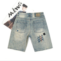 Shorts en jean vintage fins et tendance pour homme, style coréen, coupe slim, jambe droite, avec patch brodé, taille mi-haute, pour l'été