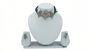 DIVYORO Designer Oxidized <b>Silver</b> Floral <b>Choker</b> Set with Pink Stone Pendant Style Necklace and Earrings Fashion Jewelry Set - Product Image 4